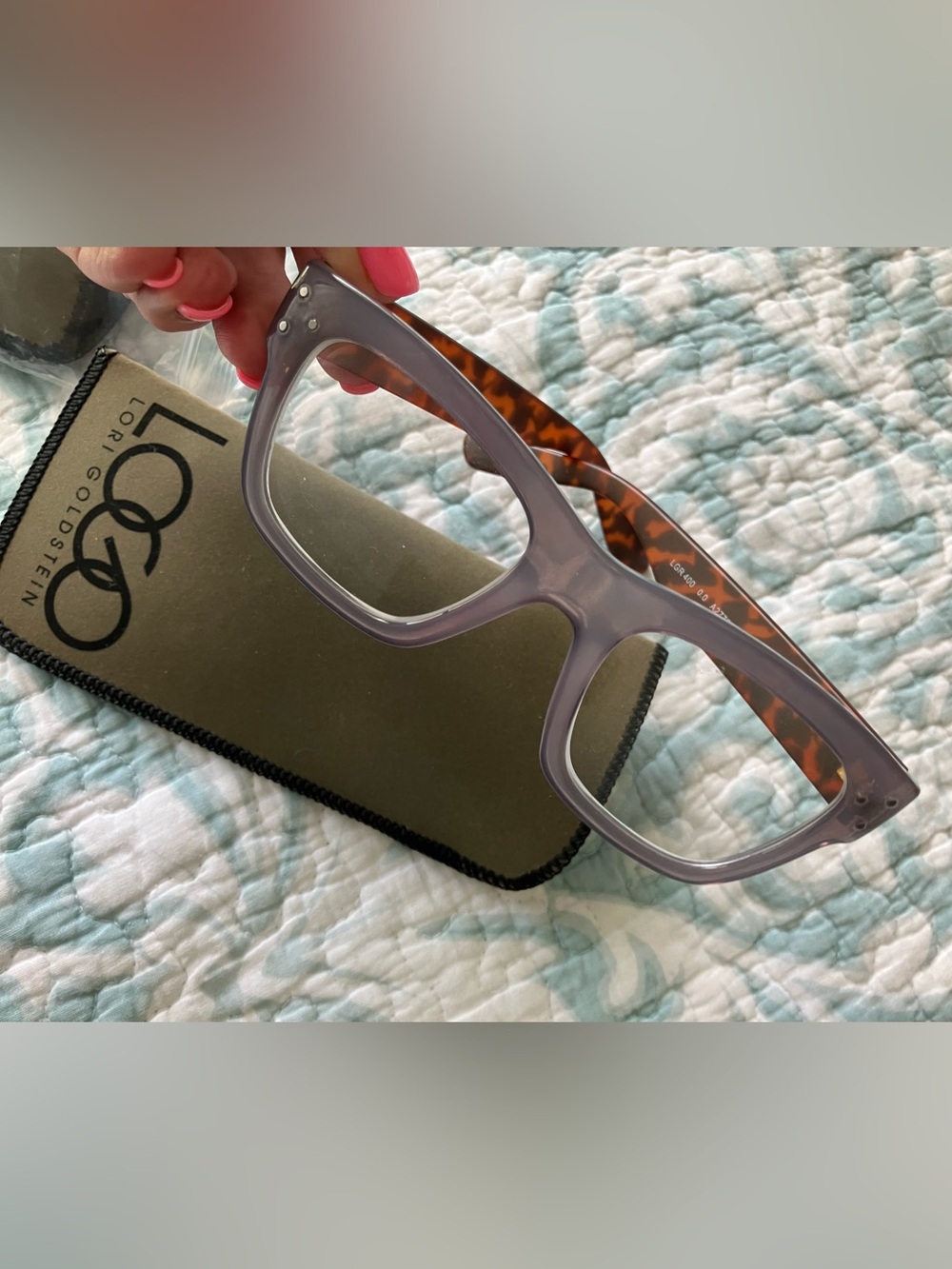 LOGO Lori Goldstein Oversized Square Glasses in Lavender with Tortoise Temples - Picture 2 of 4